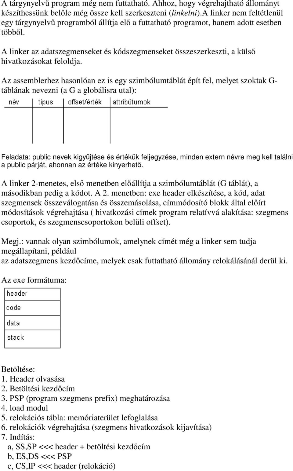 A linker az adatszegmenseket és kódszegmenseket összeszerkeszti, a külső hivatkozásokat feloldja.