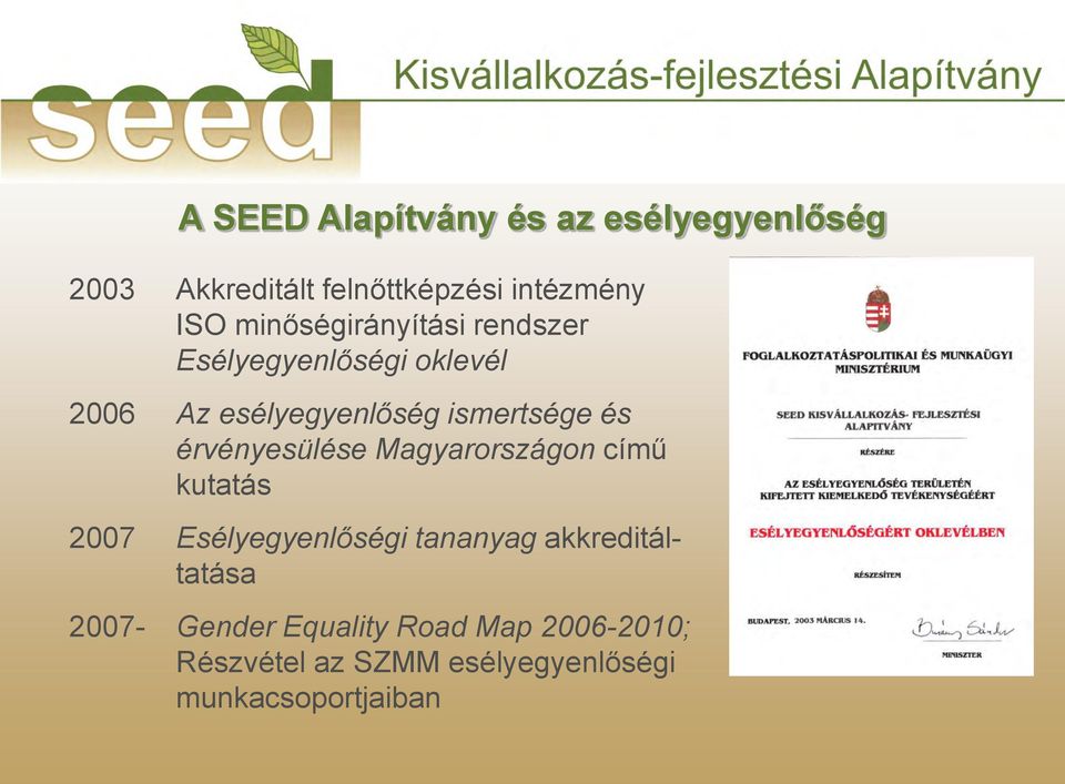 érvényesülése Magyarországon című kutatás 2007 Esélyegyenlőségi tananyag akkreditáltatása