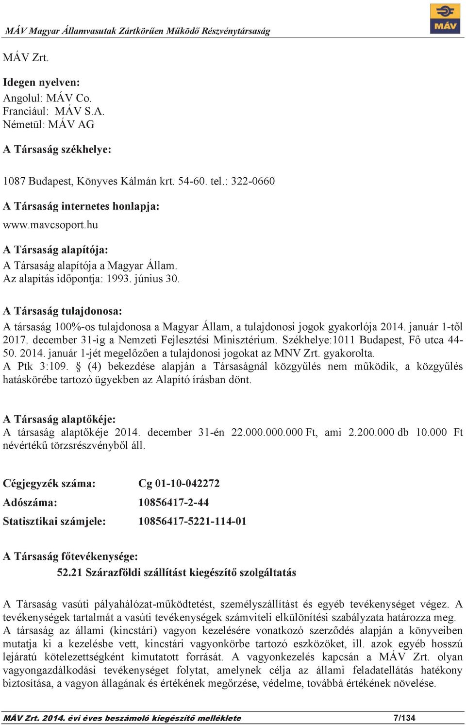 A Társaság tulajdonosa: A társaság 100%-os tulajdonosa a Magyar Állam, a tulajdonosi jogok gyakorlója 2014. január 1-től 2017. december 31-ig a Nemzeti Fejlesztési Minisztérium.