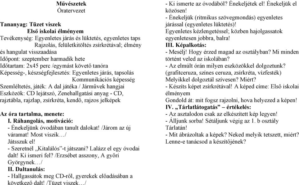 Járművek hangjai Eszközök: CD lejátszó, Zenehallgatási anyag - CD, rajztábla, rajzlap, zsírkréta, kendő, rajzos jelképek Az óra tartalma, menete: I.