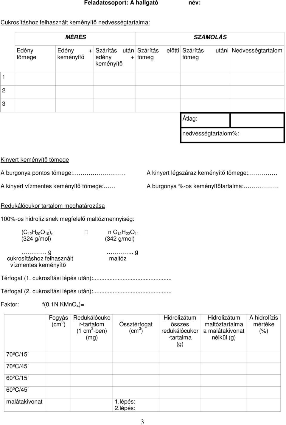 keményítőtartalma: Redukálócukor tartalom meghatározása 100%-os hidrolízisnek megfelelő maltózmennyiség: (C 12 H 20 O 10 ) n n C 12 H 22 O 11 (324 g/) (342 g/).