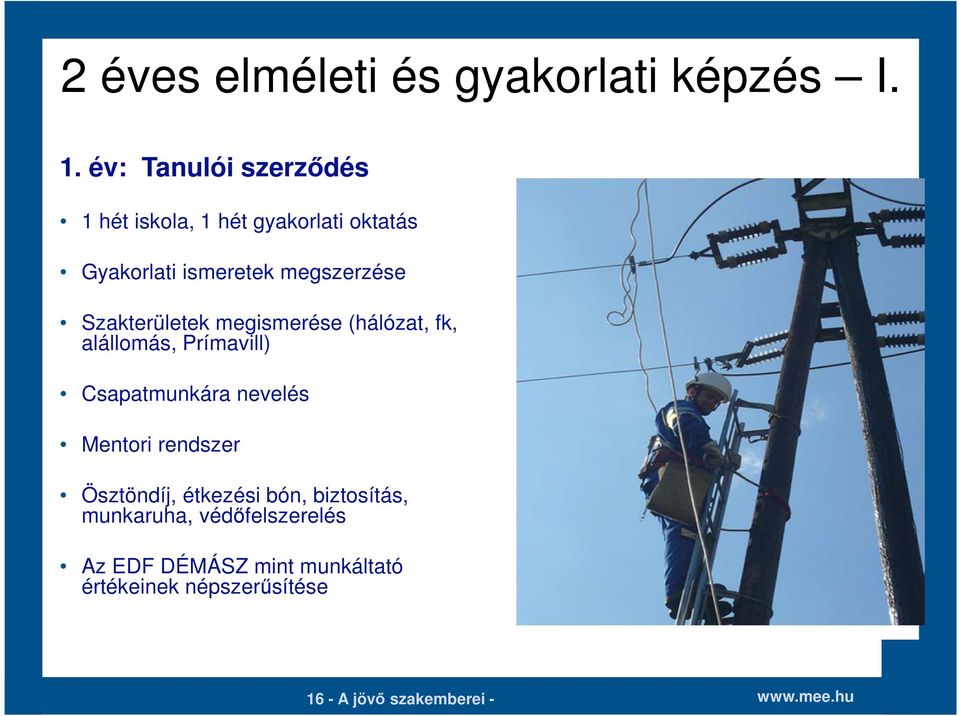 Szakterületek megismerése (hálózat, fk, alállomás, Prímavill) Csapatmunkára nevelés Mentori