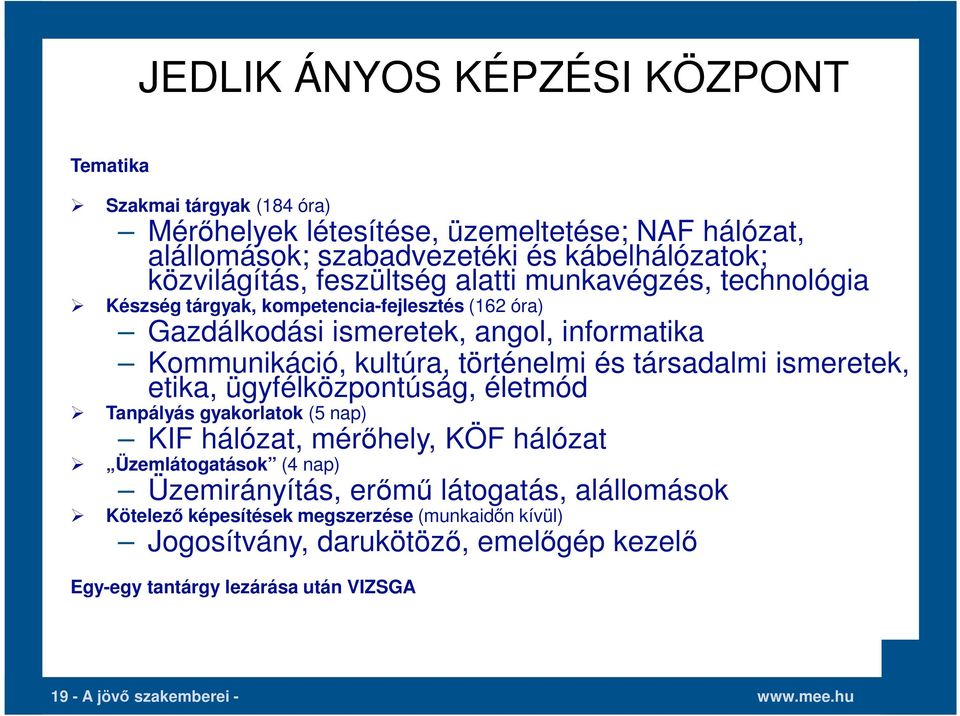 történelmi és társadalmi ismeretek, etika, ügyfélközpontúság, életmód Tanpályás gyakorlatok (5 nap) KIF hálózat, mérőhely, KÖF hálózat Üzemlátogatások (4 nap)