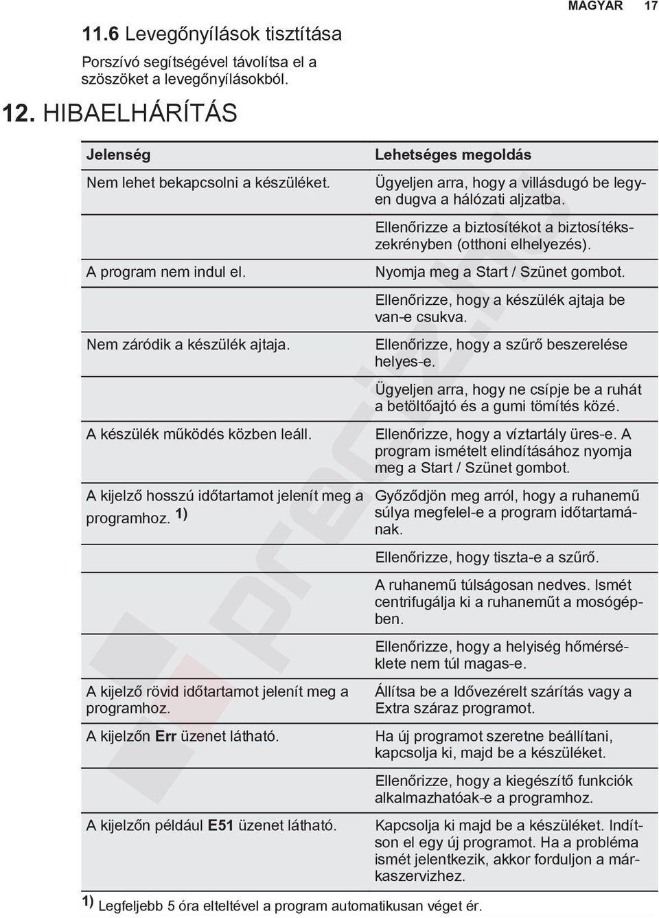 A kijelzőn Err üzenet látható. A kijelzőn például E51 üzenet látható. Lehetséges megoldás Ügyeljen arra, hogy a villásdugó be legyen dugva a hálózati aljzatba.