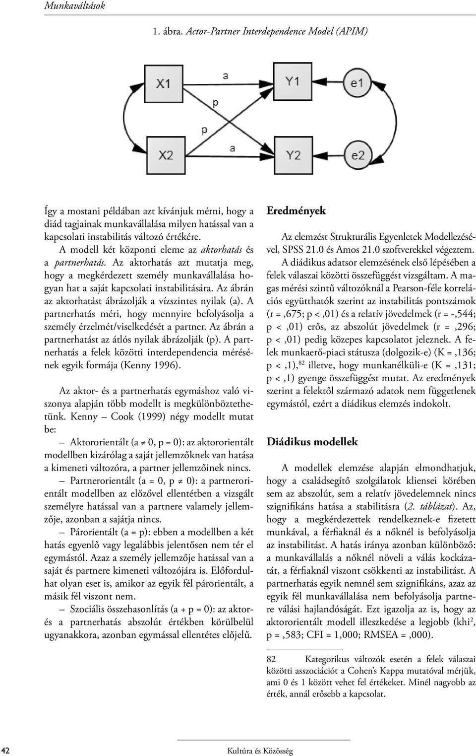 A modell két központi eleme az aktorhatás és a partnerhatás. Az aktorhatás azt mutatja meg, hogy a megkérdezett személy munkavállalása hogyan hat a saját kapcsolati instabilitására.