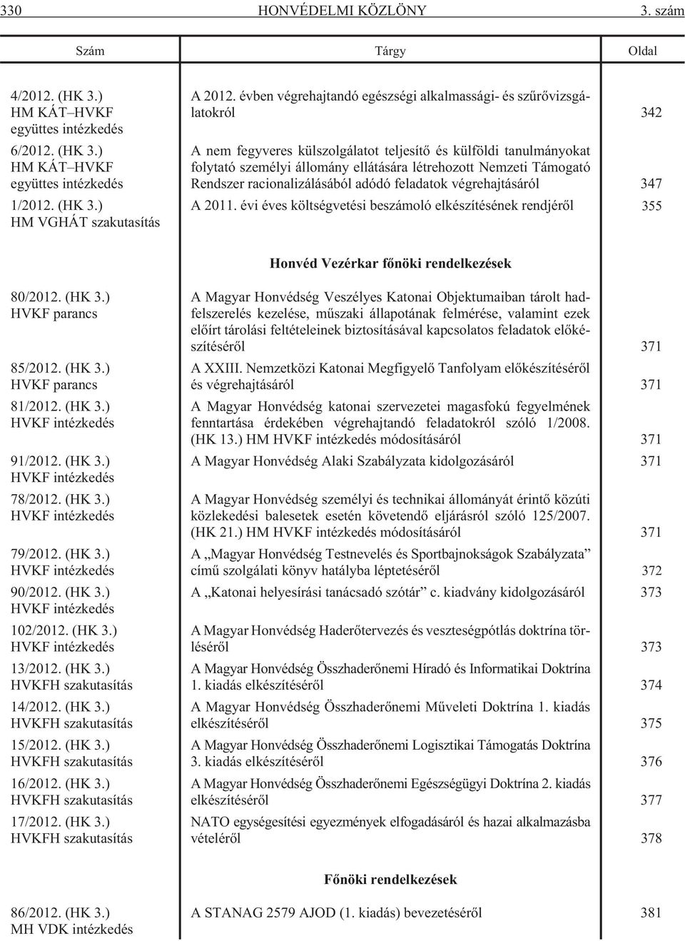 Támogató Rendszer racionalizálásából adódó feladatok végrehajtásáról 347 A 2011. évi éves költségvetési beszámoló elkészítésének rendjérõl 355 Honvéd Vezérkar fõnöki rendelkezések 80/2012. (HK 3.
