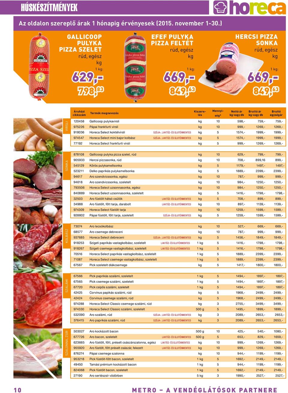 cikkszám Termék megnevezés Kiszerelés ség* kg vagy db kg vagy db egységár Mennyi- Nettó ár Bruttó ár Bruttó 120458 Gallicoop pulykavirsli kg 10 598,- 759,- 759,- 975226 Pápai frankfurti virsli kg 10