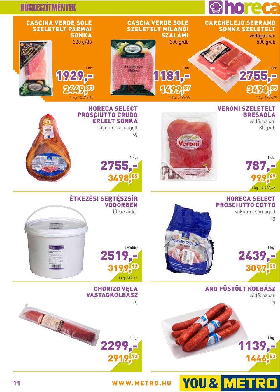 Bresaola védőgázban 80 g/db 2755,- 1 kg: 3498, 85 étkezési sertészsír vödörben 10 kg/vödör 787,- 1 db: 999, 49 1 kg: 12 493,62 Prosciutto Cotto vákuumcsomagolt kg 1 vödör: