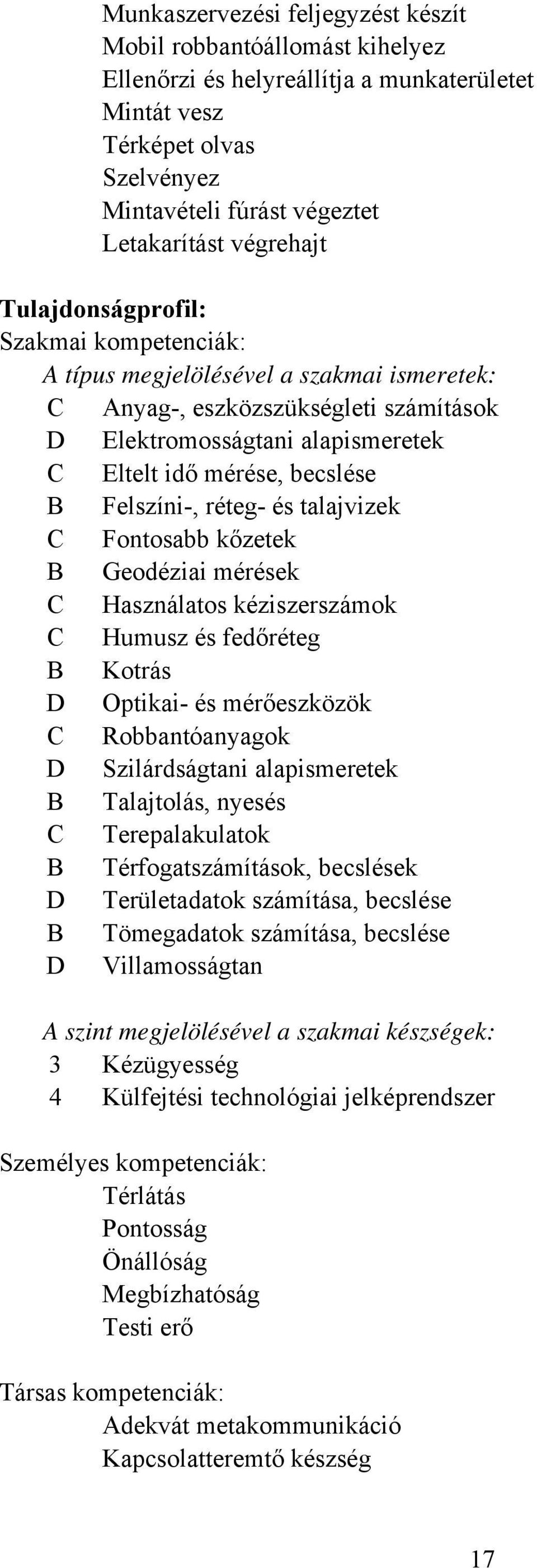 és talajvizek Fontosabb kőzetek Geodéziai mérések Használatos kéziszerszámok Humusz és fedőréteg Kotrás D Optikai és mérőeszközök Robbantóanyagok D Szilárdságtani alapismeretek Talajtolás, nyesés
