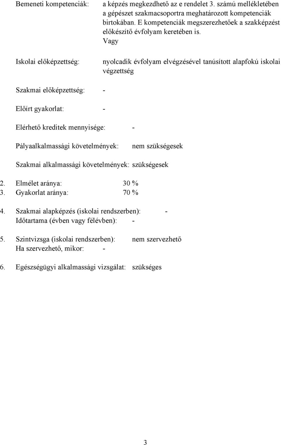 Vagy nyolcadik évfolyam elvégzésével tanúsított alapfokú iskolai végzettség Elérhető kreditek mennyisége: Pályaalkalmassági követelmények: nem szükségesek Szakmai alkalmassági