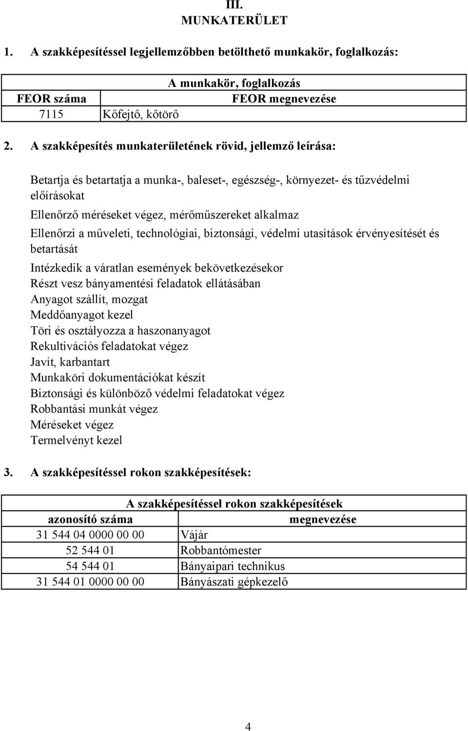 Ellenőrzi a műveleti, technológiai, biztonsági, védelmi utasítások érvényesítését és betartását Intézkedik a váratlan események bekövetkezésekor Részt vesz bányamentési feladatok ellátásában Anyagot