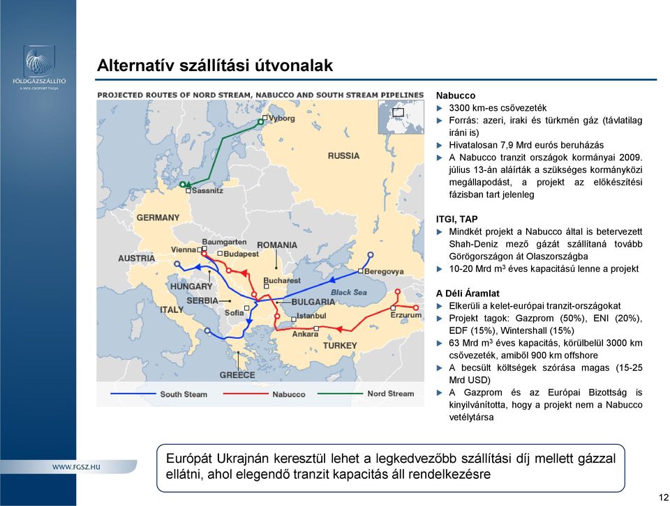 tovább Görögországon át Olaszországba 10-20 Mrd m 3 éves kapacitású lenne a projekt A Déli Áramlat Elkerüli a kelet-európai tranzit-országokat Projekt tagok: Gazprom (50%), ENI (20%), EDF (15%),