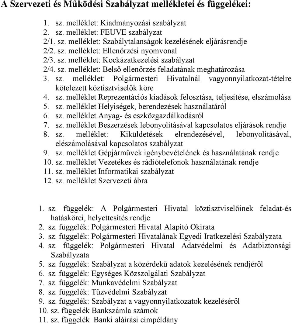 sz. melléklet Reprezentációs kiadások felosztása, teljesítése, elszámolása 5. sz. melléklet Helyiségek, berendezések használatáról 6. sz. melléklet Anyag- és eszközgazdálkodásról 7. sz. melléklet Beszerzések lebonyolításával kapcsolatos eljárások rendje 8.