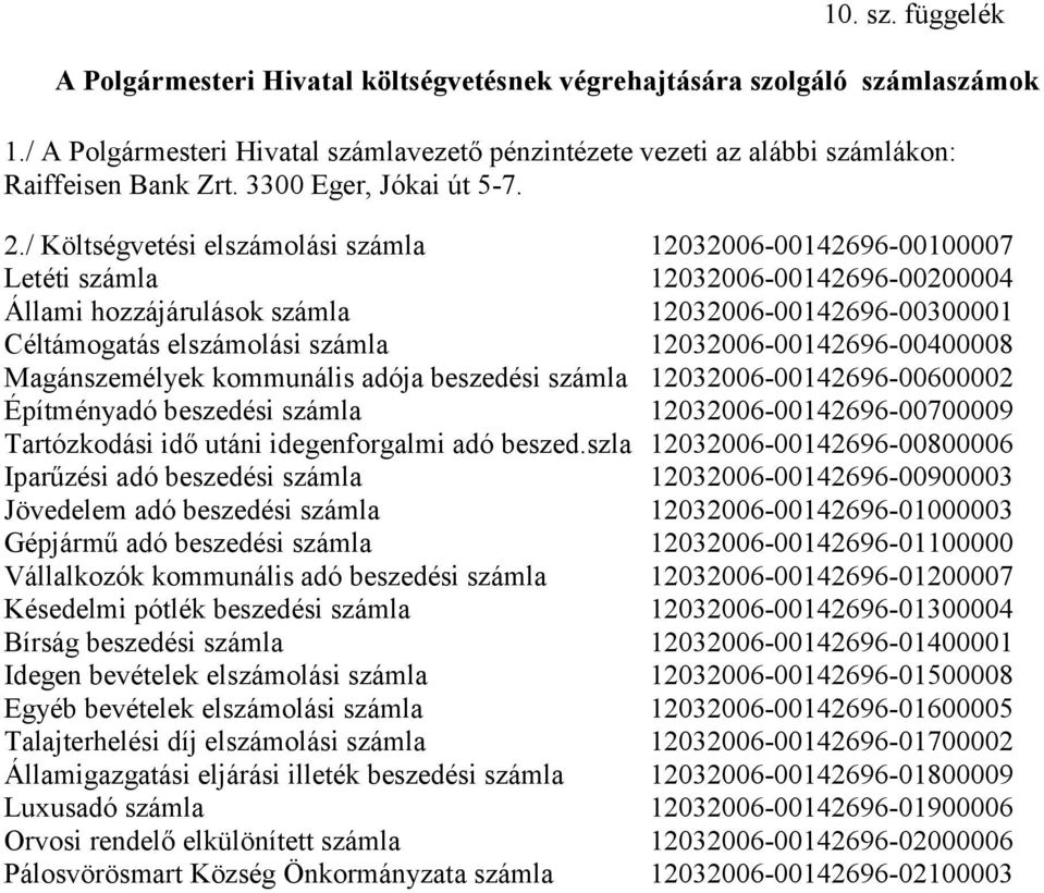 / Költségvetési elszámolási számla 12032006-00142696-00100007 Letéti számla 12032006-00142696-00200004 Állami hozzájárulások számla 12032006-00142696-00300001 Céltámogatás elszámolási számla