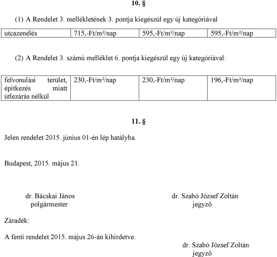 pontja kiegészül egy új kategóriával: felvonulási terület, építkezés miatt útlezárás nélkül 230,-Ft/m²/nap 230,-Ft/m²/nap