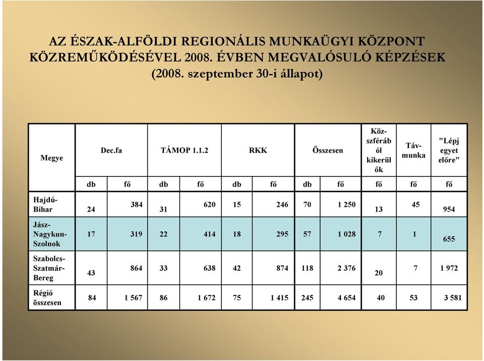 1.2 RKK Összesen Távmunka Közszféráb ól kikerül ők "Lépj egyet előre" db fő db fő db fő db fő fő fő fő Hajdú- Bihar 24