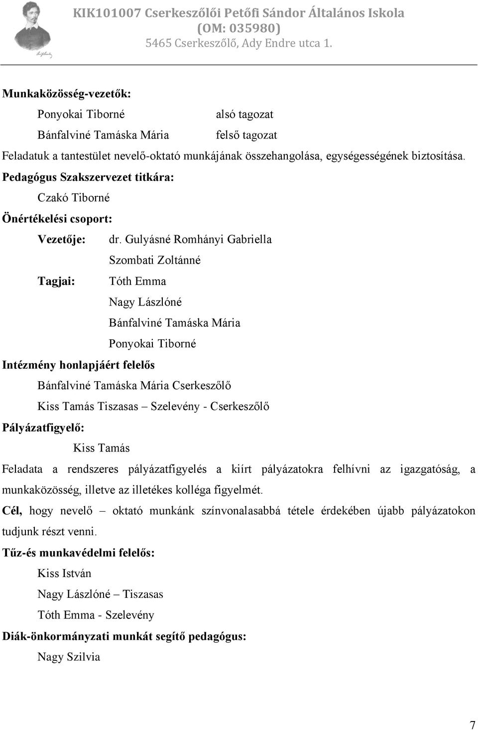 Gulyásné Romhányi Gabriella Szombati Zoltánné Tagjai: Tóth Emma Nagy Lászlóné Bánfalviné Tamáska Mária Ponyokai Tiborné Intézmény honlapjáért felelős Bánfalviné Tamáska Mária Cserkeszőlő Kiss Tamás