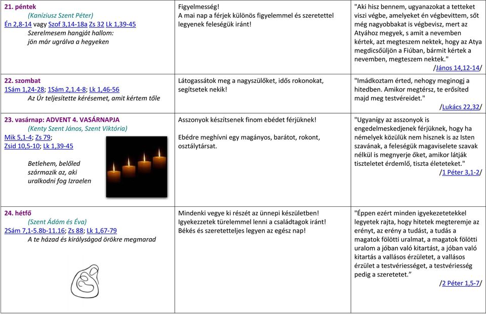 VASÁRNAPJA (Kenty Szent János, Szent Viktória) Mik 5,1-4; Zs 79; Zsid 10,5-10; Lk 1,39-45 Betlehem, belőled származik az, aki uralkodni fog Izraelen Figyelmesség!