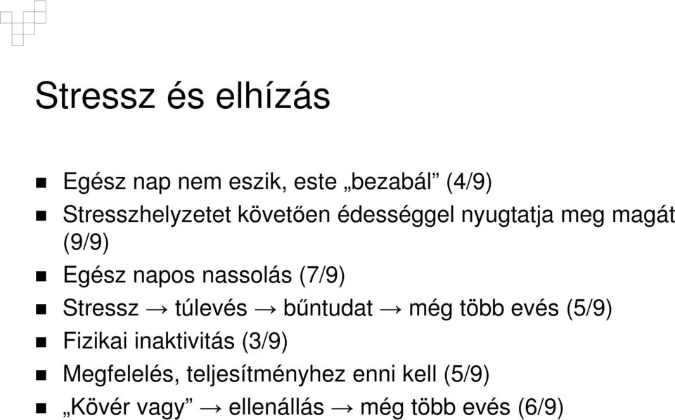 Stressz túlevés bűntudat még több evés (5/9) Fizikai inaktivitás (3/9)