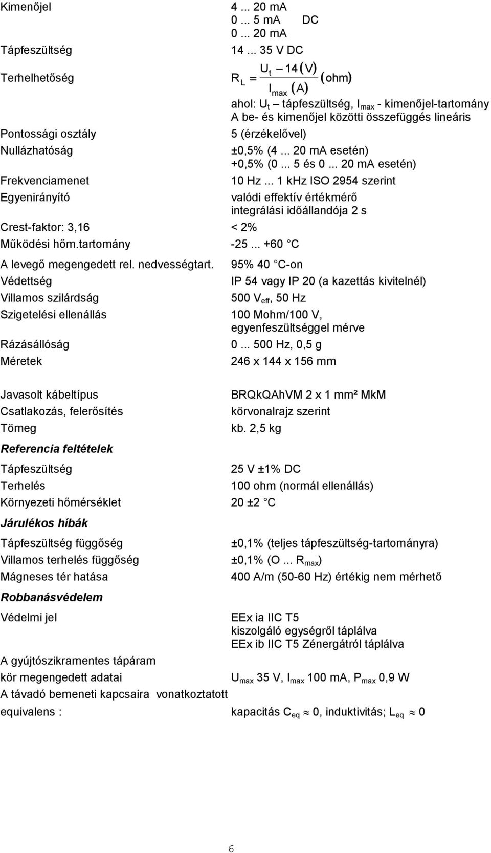 ±0,5% (4... 20 ma esetén) +0,5% (0... 5 és 0... 20 ma esetén) Frekvenciamenet 10 Hz.