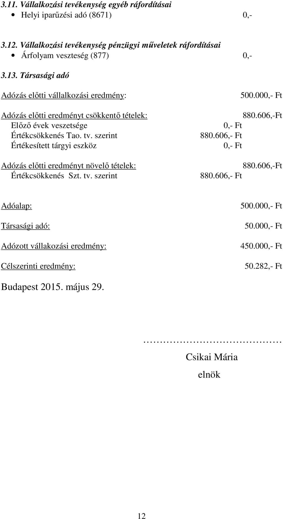 Társasági adó Adózás előtti vállalkozási eredmény: Adózás előtti eredményt csökkentő tételek: Előző évek veszetsége Értékcsökkenés Tao. tv.
