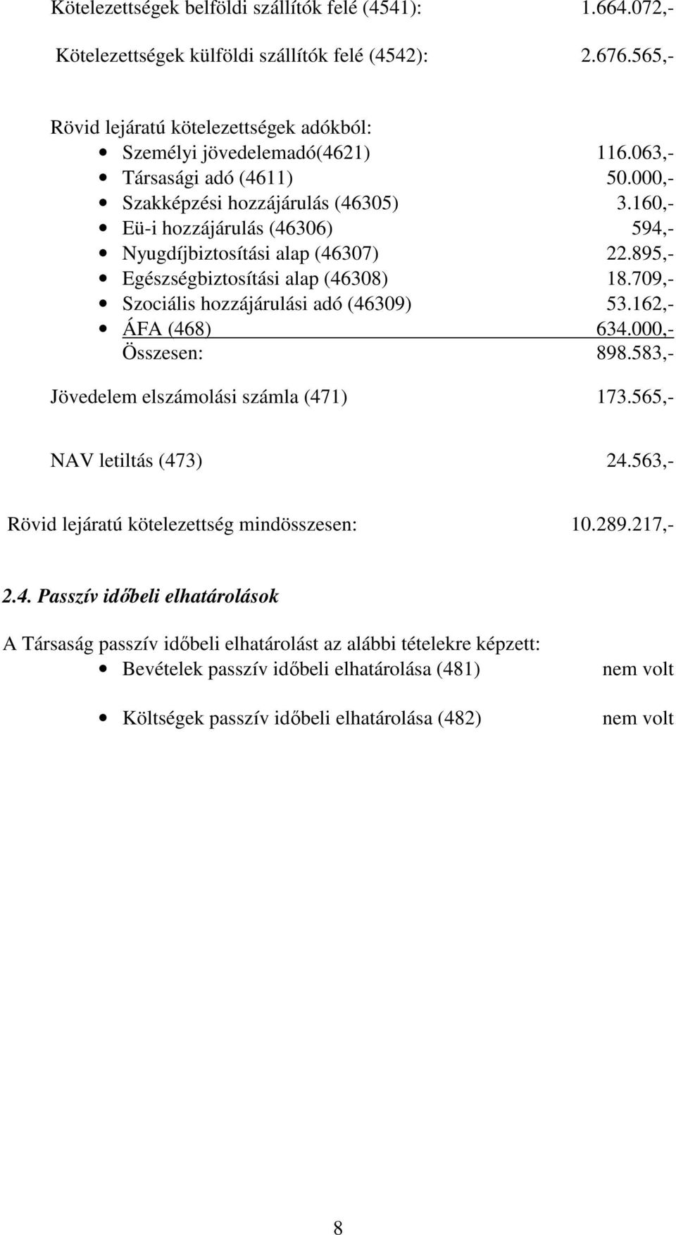 709,- Szociális hozzájárulási adó (46309) 53.162,- ÁFA (468) 634.000,- Összesen: 898.583,- Jövedelem elszámolási számla (471) 173.565,- NAV letiltás (473) 24.