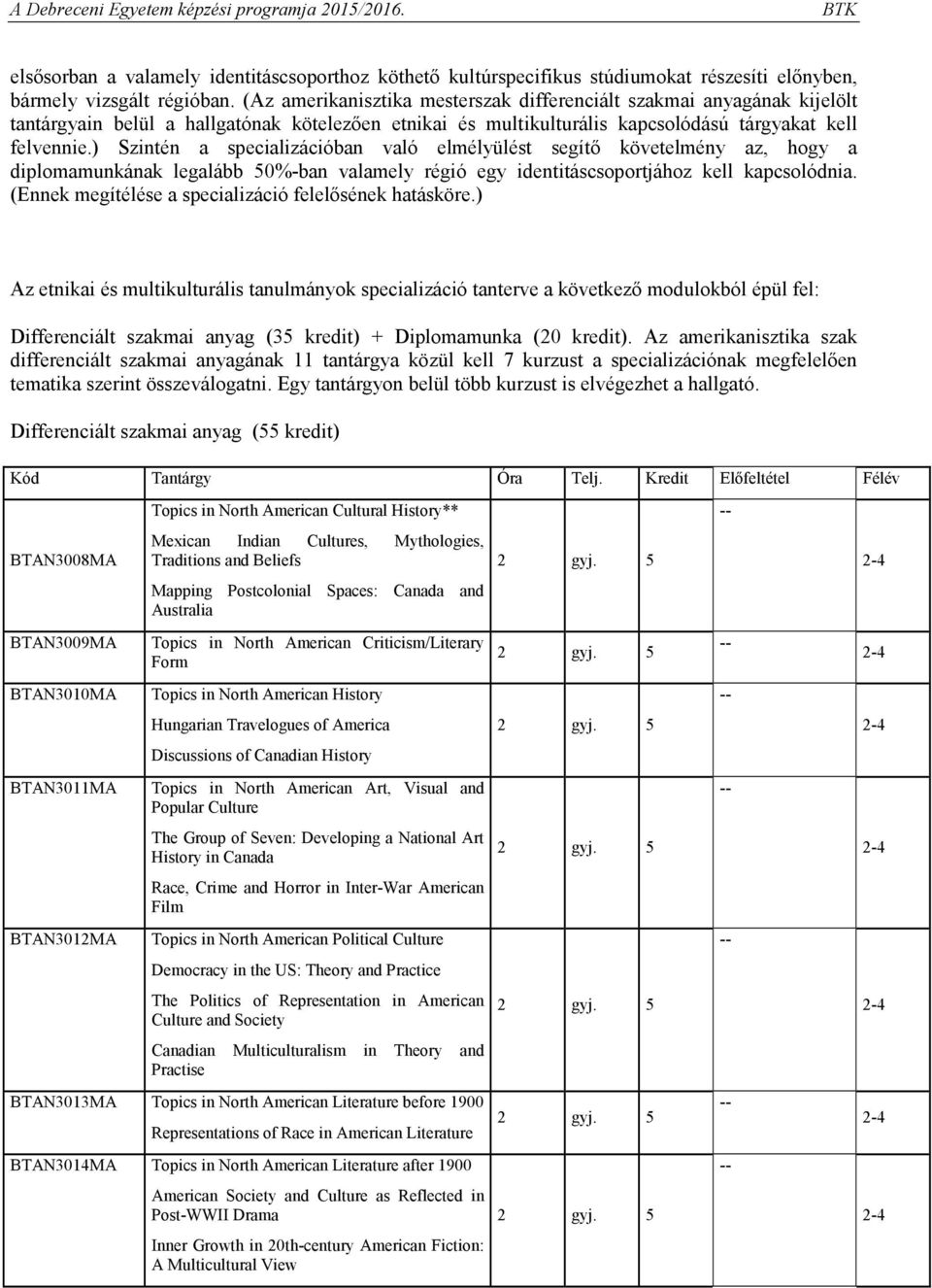 ) Szintén a specializációban való elmélyülést segítő követelmény az, hogy a diplomamunkának legalább 50%-ban valamely régió egy identitáscsoportjához kell kapcsolódnia.