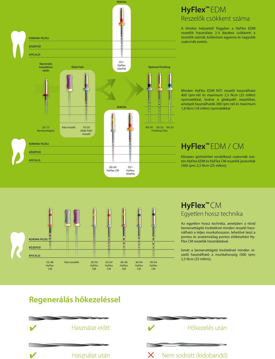 APICALIS Opcionális hozzáférési nyílás Glide Path 25/~ OneFile Optional Finishing Alakítás Minden EDM NiTi reszelő használható 400 rpm-nél és maximum 2,5 Ncm (25 mnm) nyomatékkal, kivéve a glidepath