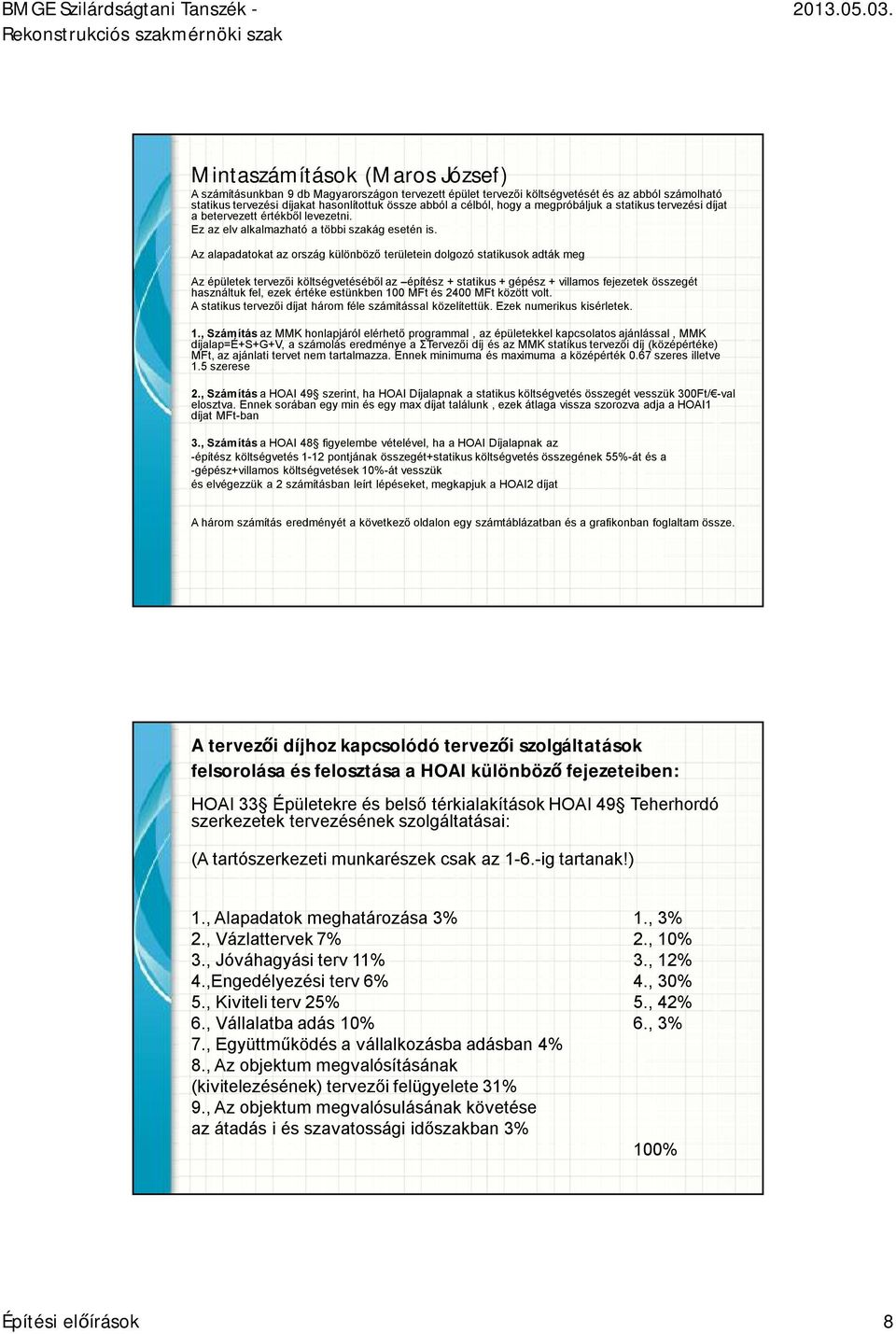Az alapadatokat az ország különböző területein dolgozó statikusok adták meg Az épületek tervezői költségvetéséből az építész + statikus + gépész + villamos fejezetek összegét használtuk fel, ezek
