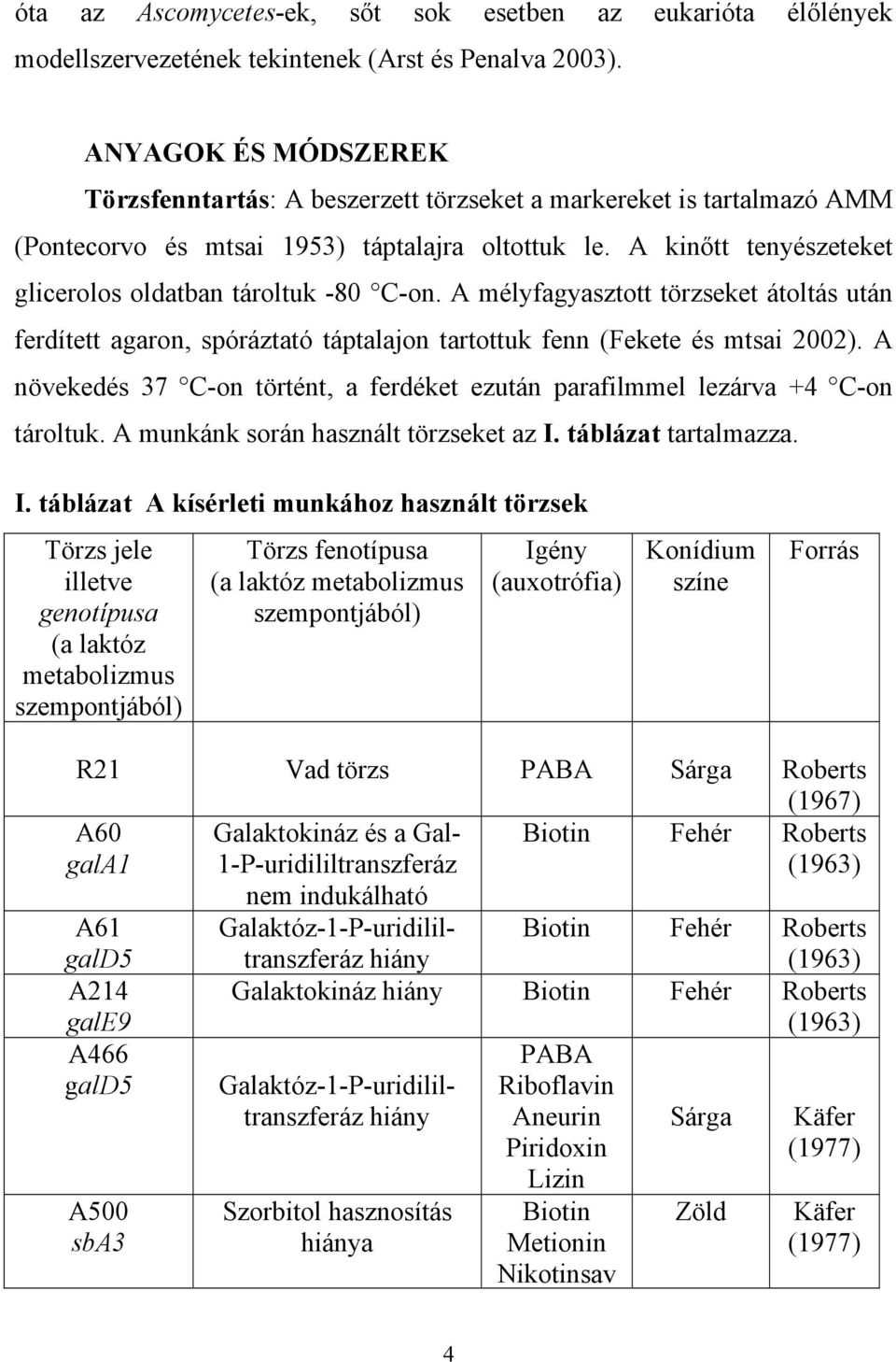 A kin tt tenyészeteket glicerolos oldatban tároltuk -80 C-on. A mélyfagyasztott törzseket átoltás után ferdített agaron, spóráztató táptalajon tartottuk fenn (Fekete és mtsai 2002).