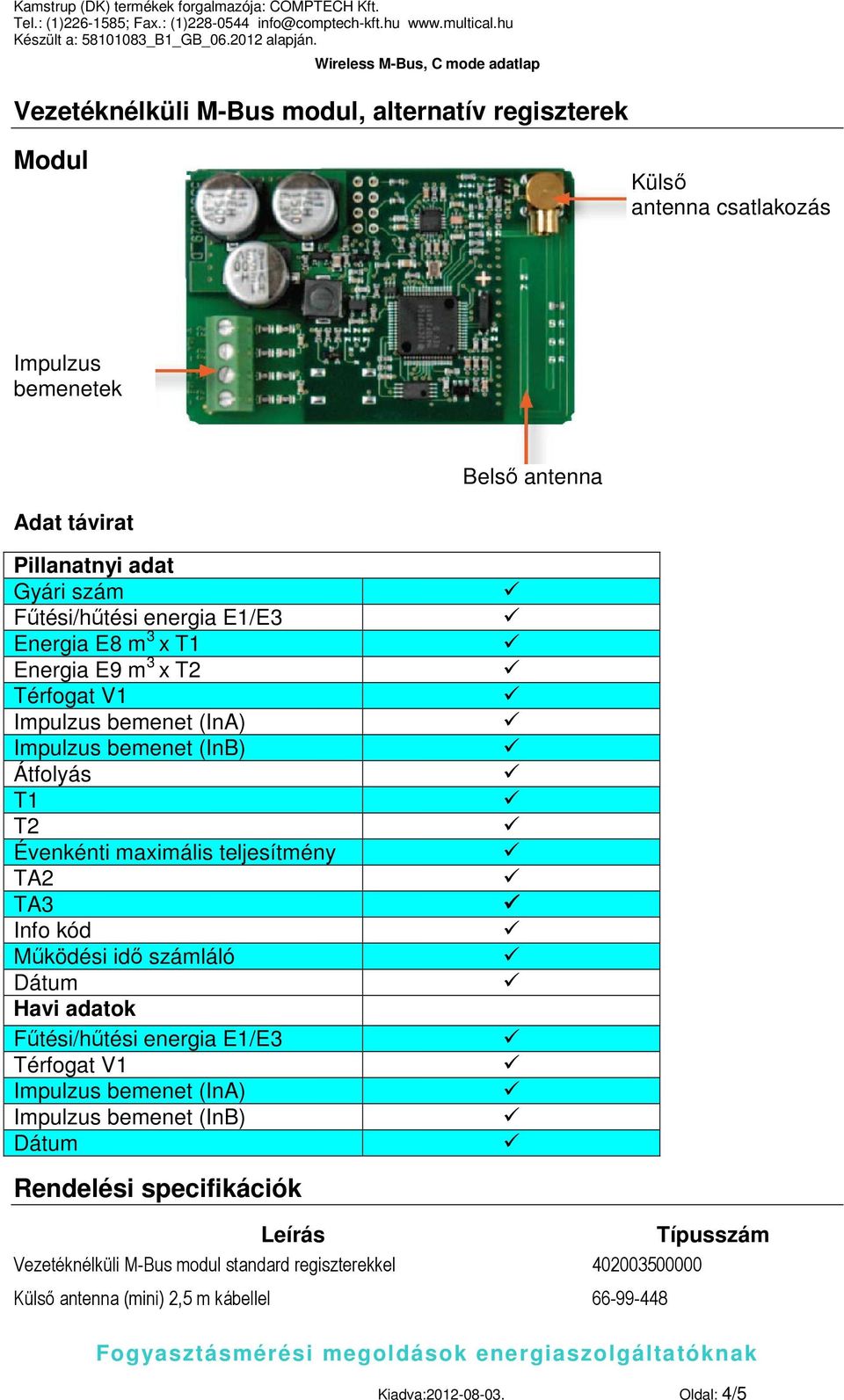 TA3 Info kód Működési idő számláló Havi adatok Rendelési specifikációk Leírás Típusszám Vezetéknélküli M-Bus modul standard