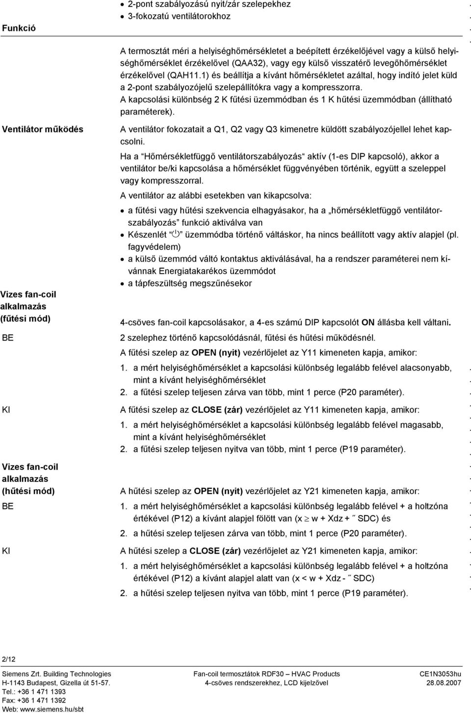 kapcsolási különbség 2 K fűtési üzemmódban és K hűtési üzemmódban (állítható paraméterek) Ventilátor működés Vizes fan-coil alkalmazás (fűtési mód) BE KI Vizes fan-coil alkalmazás (hűtési mód) BE A