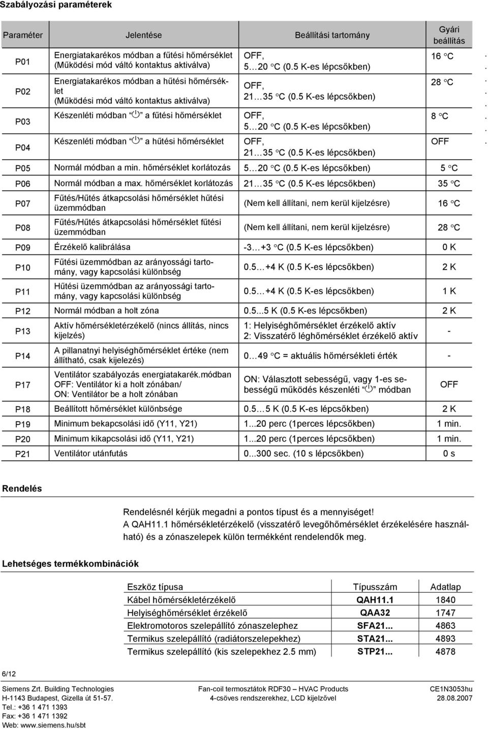 Készenléti módban a hűtési hőmérséklet OFF, 2 35 C (05 K-es lépcsőkben) Gyári beállítás 6 C 28 C P05 Normál módban a min hőmérséklet korlátozás 5 20 C (05 K-es lépcsőkben) 5 C P06 Normál módban a max