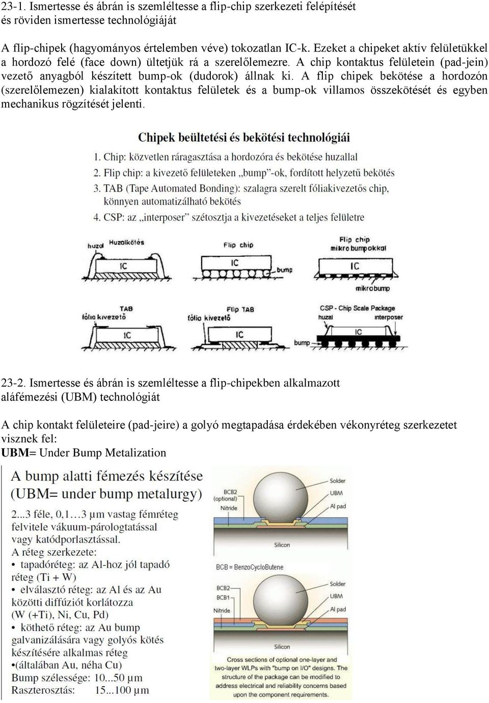 A flip chipek bekötése a hordozón (szerelőlemezen) kialakított kontaktus felületek és a bump-ok villamos összekötését és egyben mechanikus rögzítését jelenti. 23-2.