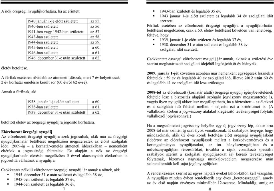 A férfiak esetében rövidebb az átmeneti időszak, mert 7 év helyett csak 2 év korhatár emelésre került sor (60 évről 62 évre). Annak a férfinak, aki 1938. január 1-je előtt született a 60.