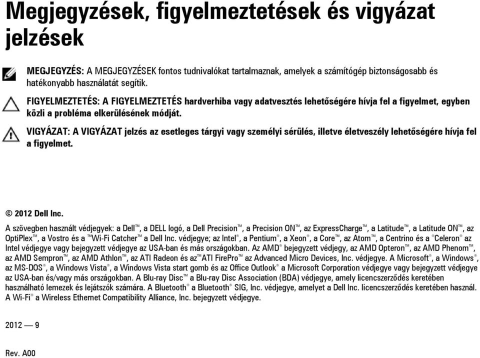 VIGYÁZAT: A VIGYÁZAT jelzés az esetleges tárgyi vagy személyi sérülés, illetve életveszély lehetőségére hívja fel a figyelmet. 2012 Dell Inc.