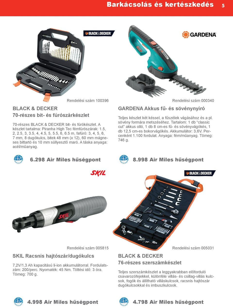 5 m, fafúró: 3, 4, 5, 6, 7 mm, 8 dugókulcs, bitek 48 mm (x 12), 60 mm mágneses bittartó és 10 mm süllyesztő maró. A táska anyaga: acél/műanyag. 6.298 Air Miles hűségpont Rendelési szám 000340 GARDENA Akkus fű- és sövénynyíró Teljes készlet két késsel, a fűszélek vágásához és a pl.