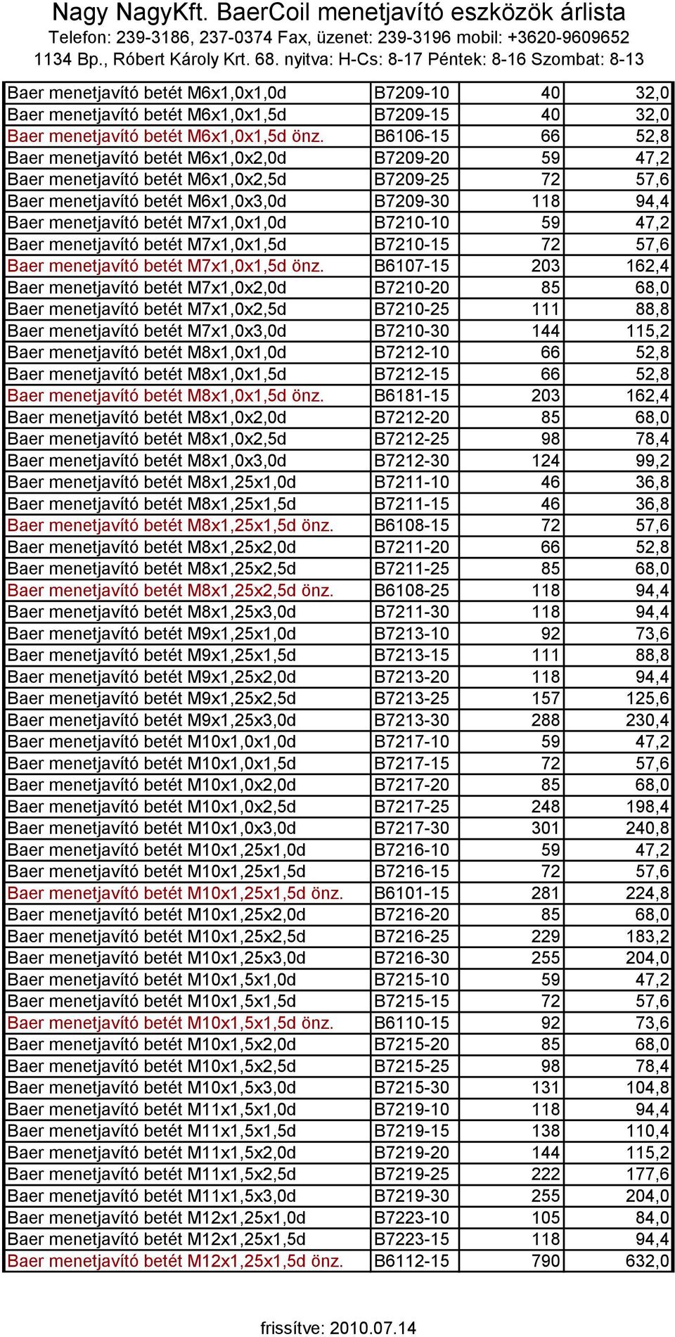 M7x1,0x1,0d B7210-10 59 47,2 Baer menetjavító betét M7x1,0x1,5d B7210-15 72 57,6 Baer menetjavító betét M7x1,0x1,5d önz.