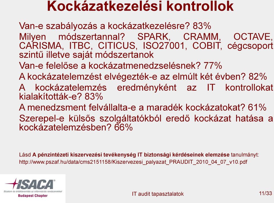 77% A kockázatelemzést elvégezték-e az elmúlt két évben? 82% A kockázatelemzés eredményként az IT kontrollokat kialakították-e?