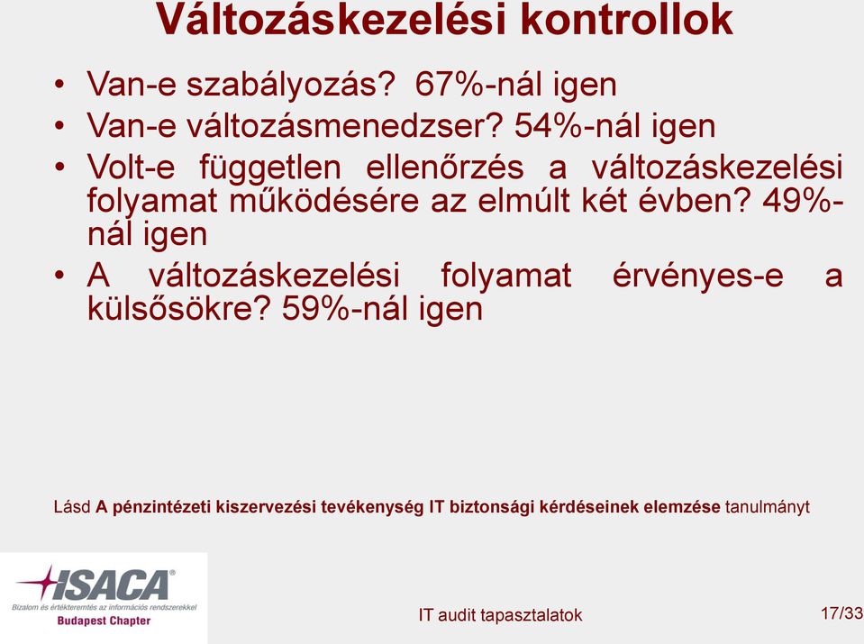 két évben? 49%- nál igen A változáskezelési folyamat érvényes-e a külsősökre?