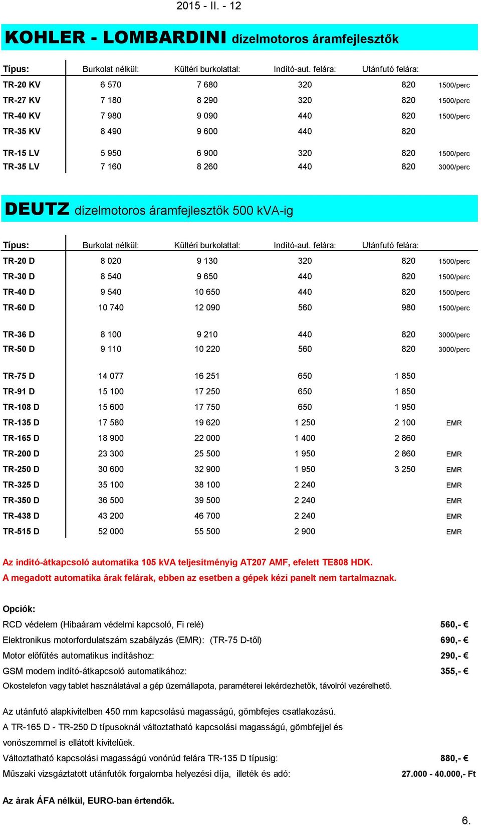 1500/perc TR-35 LV 7 160 8 260 440 820 3000/perc DEUTZ dízelmotoros áramfejlesztők 500 kva-ig Típus: Burkolat nélkül: Kültéri burkolattal: Indító-aut.