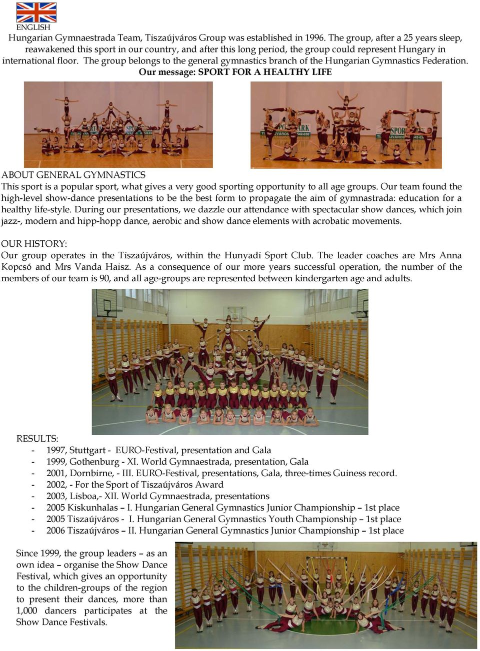 The group belongs to the general gymnastics branch of the Hungarian Gymnastics Federation.