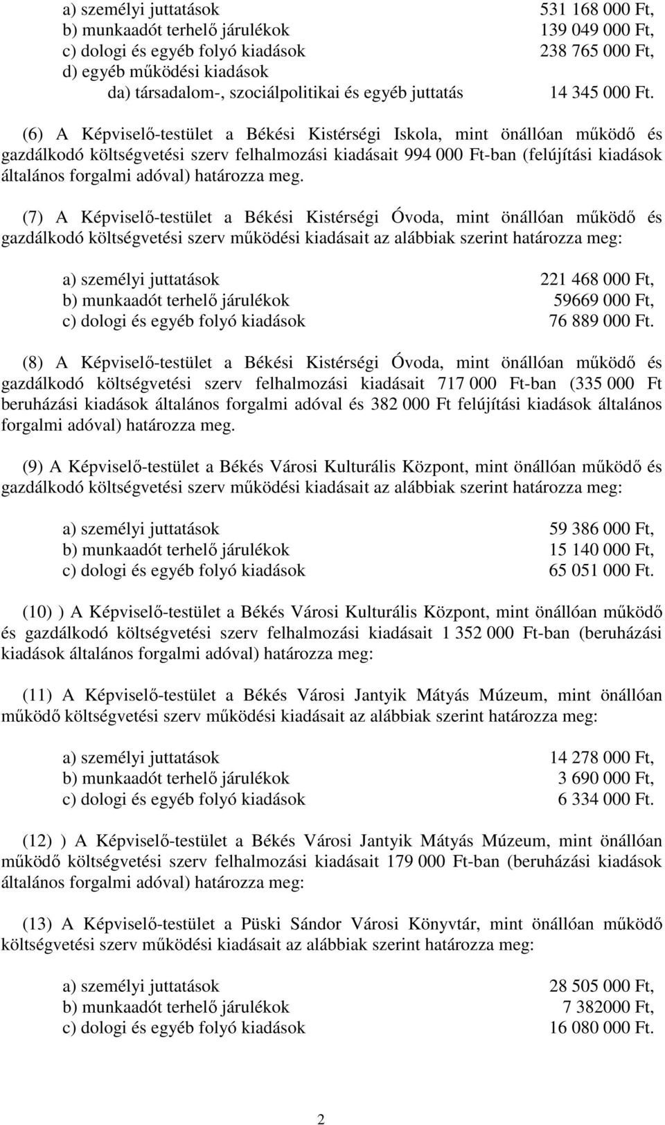 (6) A Képviselő-testület a Békési Kistérségi Iskola, mint önállóan működő és gazdálkodó költségvetési szerv felhalmozási kiadásait 994 000 Ft-ban (felújítási kiadások általános forgalmi adóval)