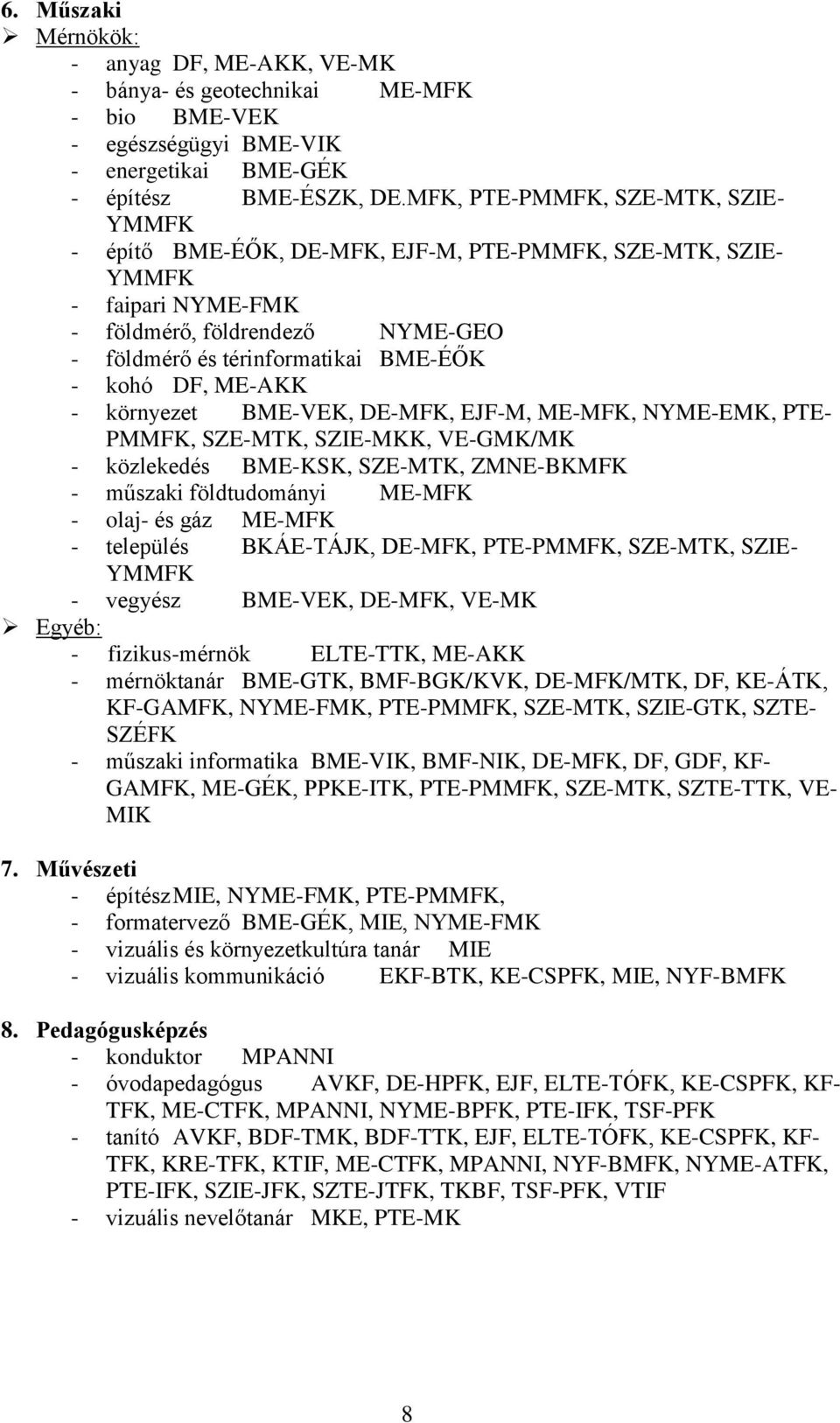DF, ME-AKK - környezet BME-VEK, DE-MFK, EJF-M, ME-MFK, NYME-EMK, PTE- PMMFK, SZE-MTK, SZIE-MKK, VE-GMK/MK - közlekedés BME-KSK, SZE-MTK, ZMNE-BKMFK - műszaki földtudományi ME-MFK - olaj- és gáz