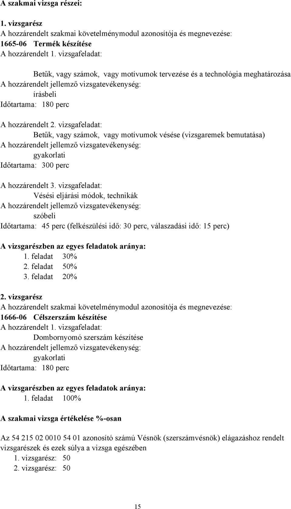 vizsgafeladat: Betűk, vagy számok, vagy motívumok vésése (vizsgaremek bemutatása) A hozzárendelt jellemző vizsgatevékenység: gyakorlati Időtartama: 300 perc A hozzárendelt 3.