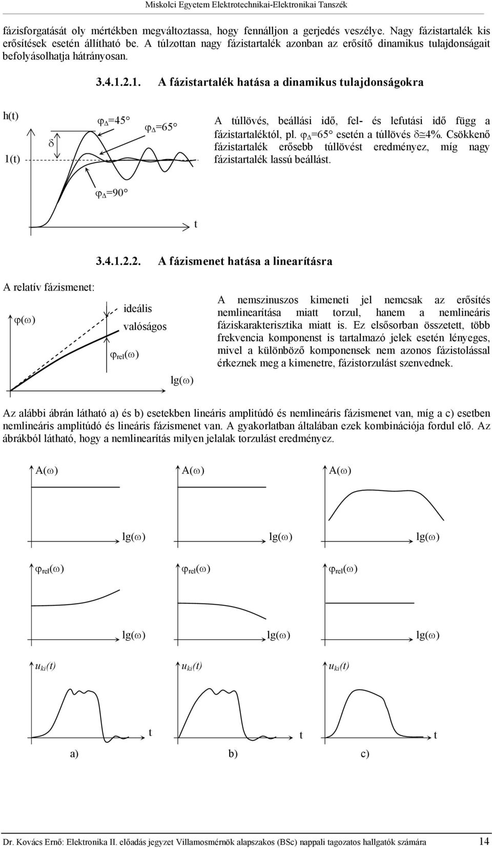 .. A fázisaralék haása a dinamikus ulajdonságokra h() () δ ϕ 45 ϕ 65 A úllövés, állási idő, fel- és lefuási idő függ a fázisaralékól, pl. ϕ 65 eseén a úllövés δ 4%.