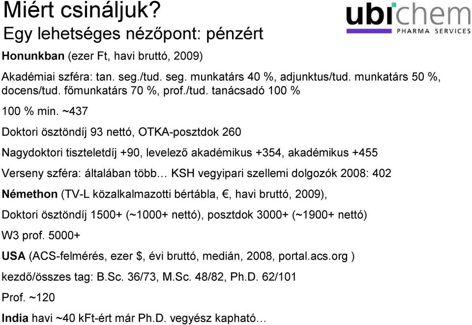 ~437 Doktori ösztöndíj 93 nettó, TKA-posztdok 260 agydoktori tiszteletdíj +90, levelező akadémikus +354, akadémikus +455 Verseny szféra: általában több KSH vegyipari szellemi dolgozók 2008: