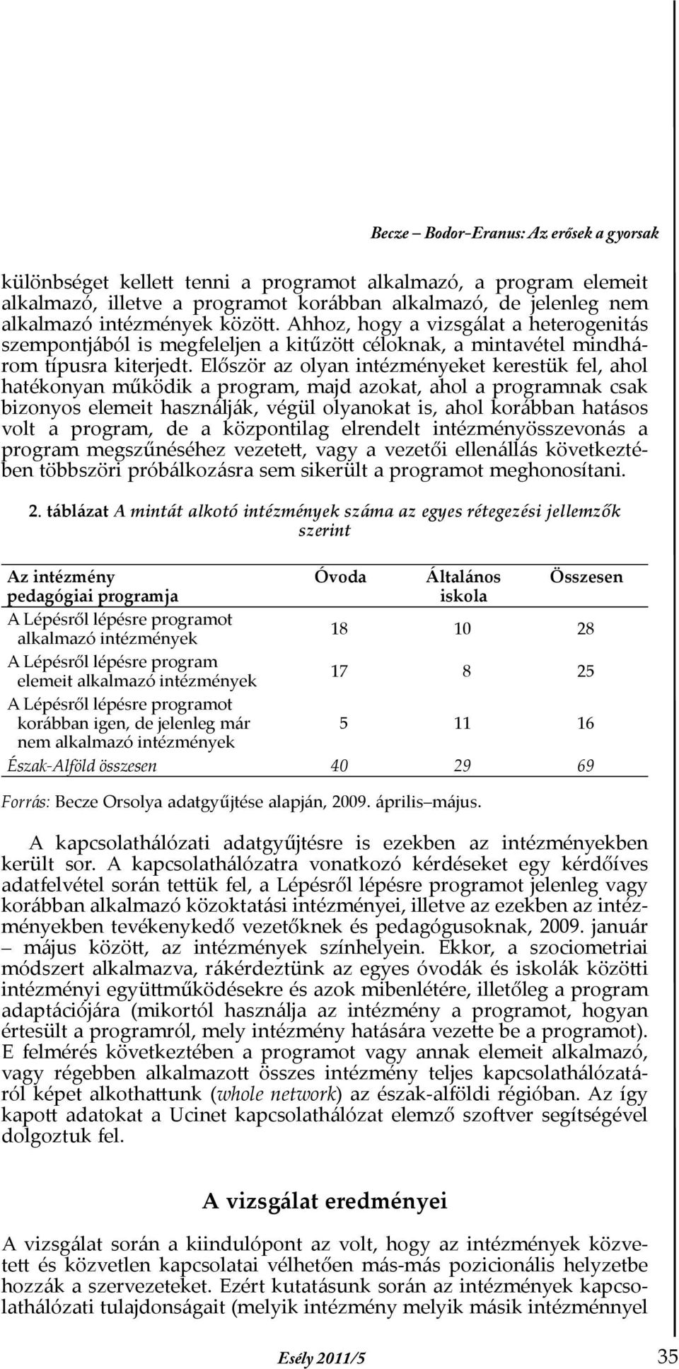 Először az olyan intézményeket kerestük fel, ahol hatékonyan működik a program, majd azokat, ahol a programnak csak bizonyos elemeit használják, végül olyanokat is, ahol korábban hatásos volt a