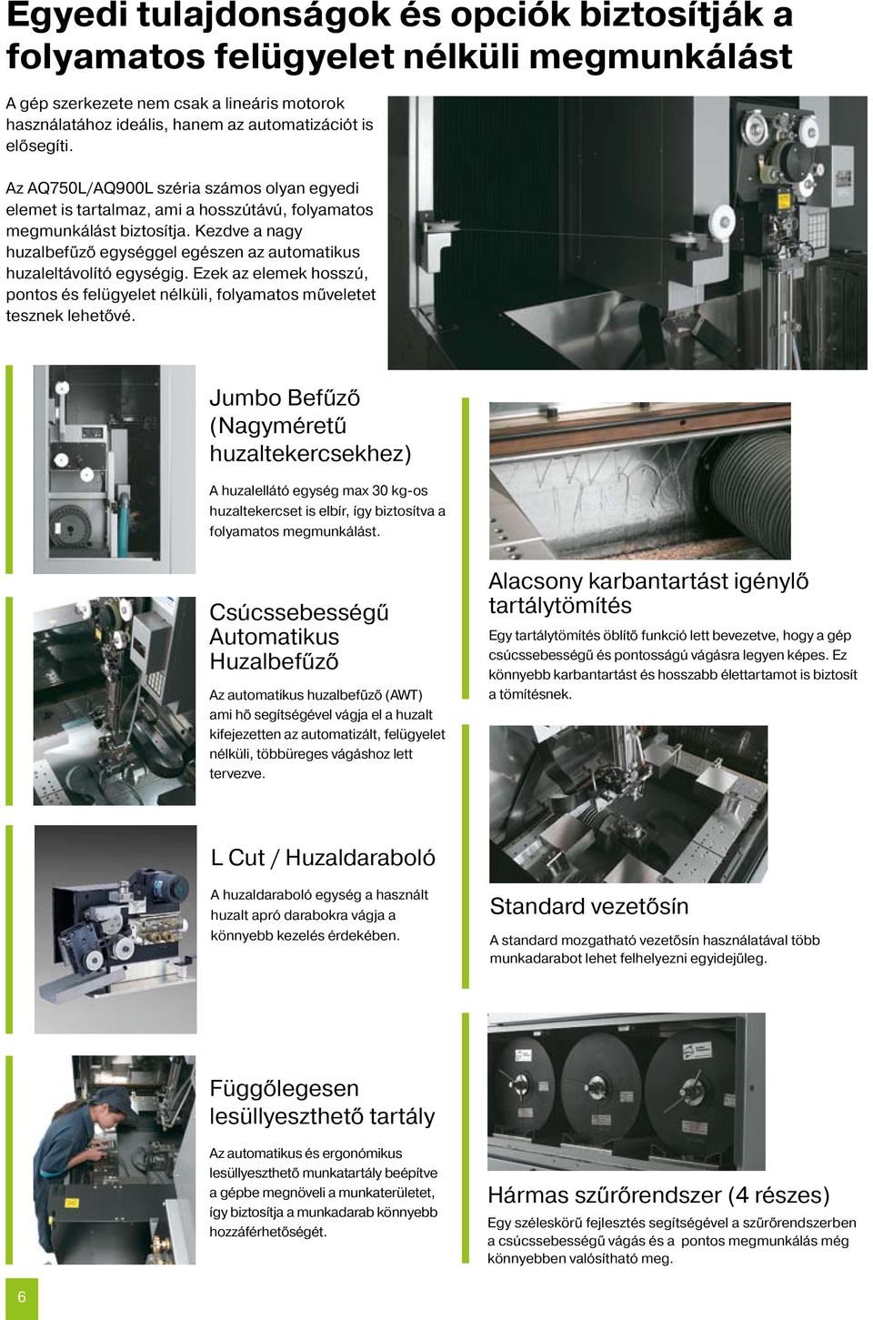 Kezdve a nagy huzalbefűző egységgel egészen az automatikus huzaleltávolító egységig. Ezek az elemek hosszú, pontos és felügyelet nélküli, folyamatos műveletet tesznek lehetővé.