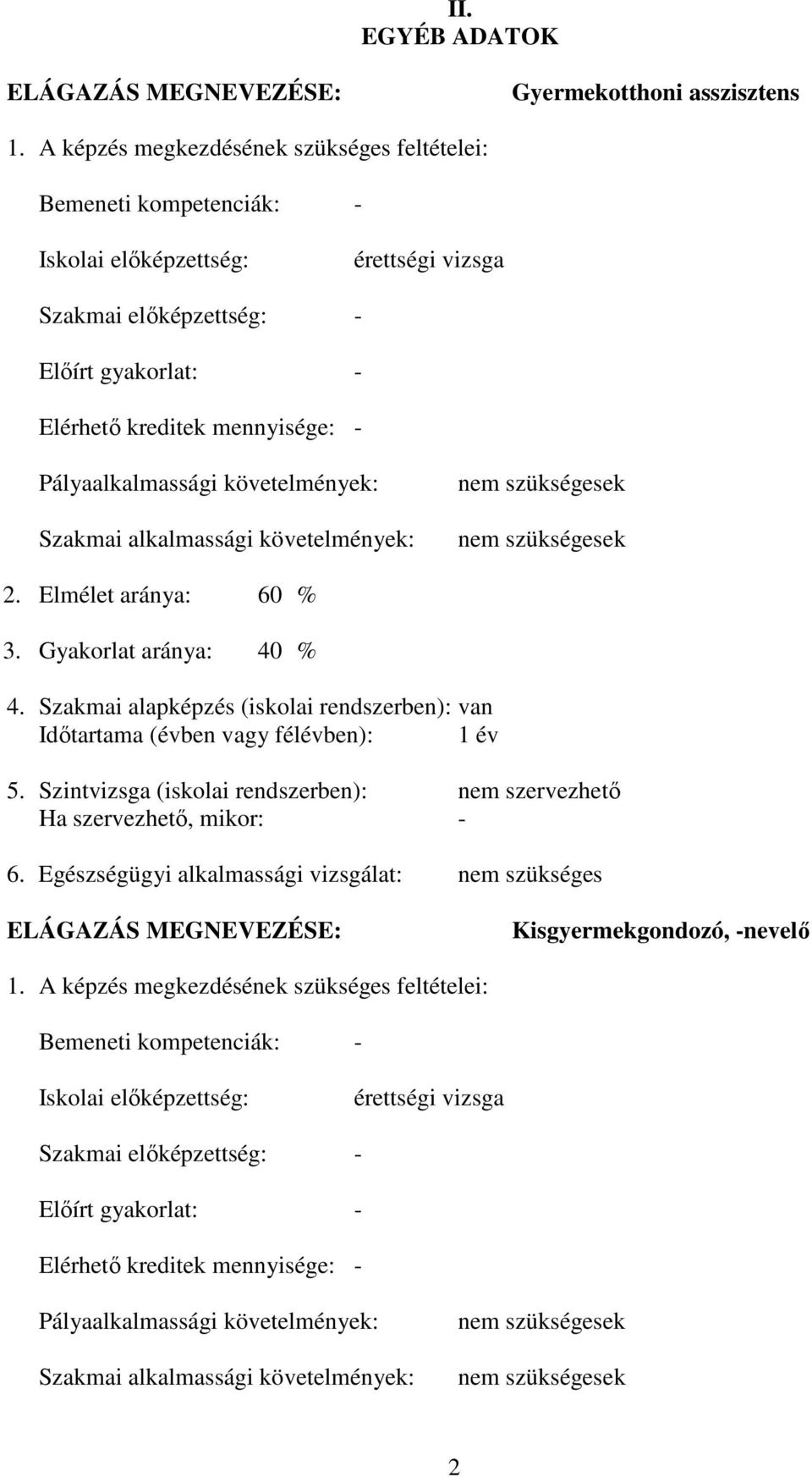 Pályaalkalmassági követelmények: Szakmai alkalmassági követelmények: nem szükségesek nem szükségesek 2. Elmélet aránya: 60 % 3. Gyakorlat aránya: 40 % 4.